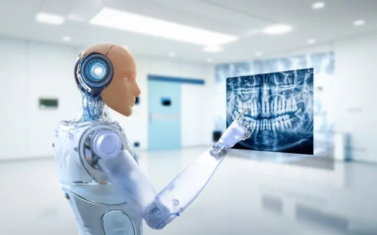 A humanoid robot pointing at a panoramic dental x-ray on a screen