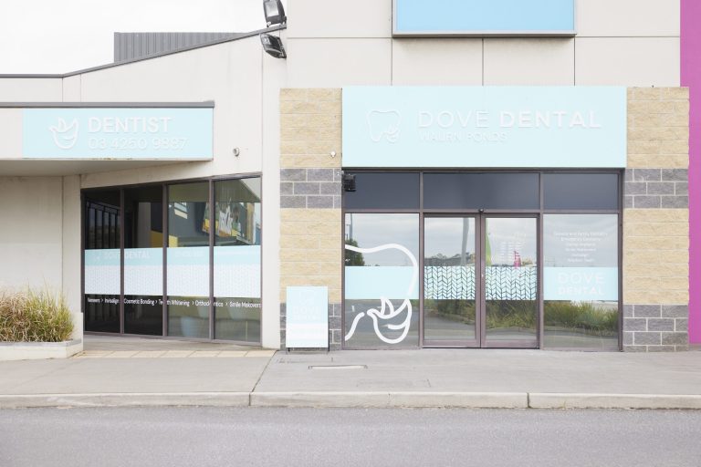 The Dove Dental Waurn Ponds shopfront on Colac Road, with glass frontage and clinic signage